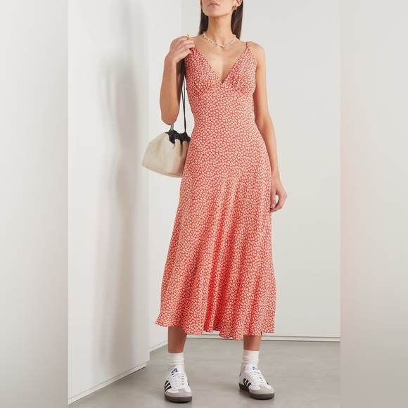 Doen Sonia Crepe Viscose V Neck A Line Midi Slip Dress Orange Hillside Bloom - Picture 3 of 12